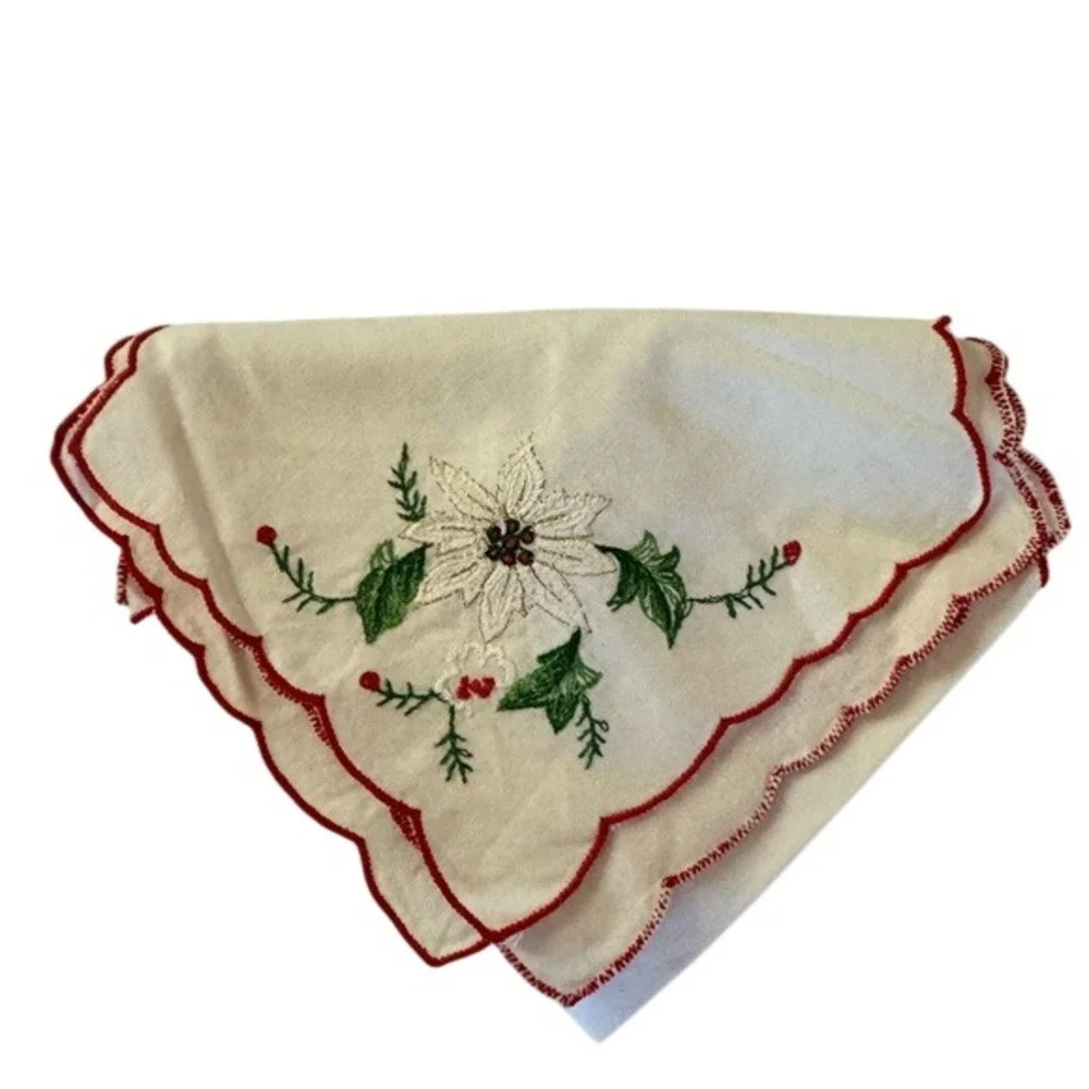 VINTAGE- Embroidered, Hand made, Bread Basket Cover/Liner. Xmas. Holly.‎